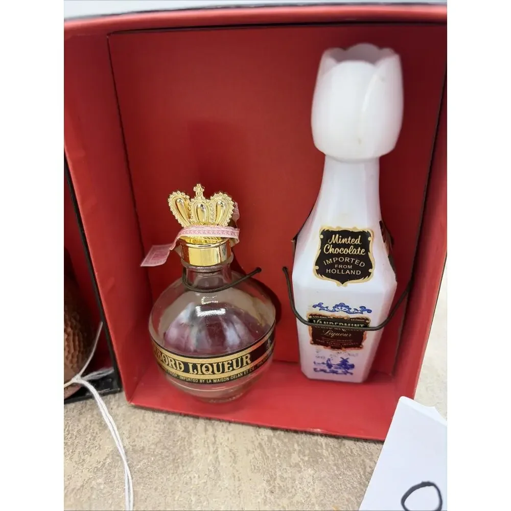 Vintage Set of 3 Mini Empty Liqueur Bottles in World of Flavor Box Imported